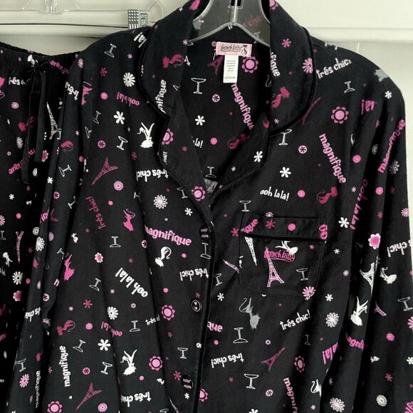 French Kitty VTG Flannel Print Pajama SET Size M Black Pink 2 Piece PJ Top Pant - Picture 5 of 15